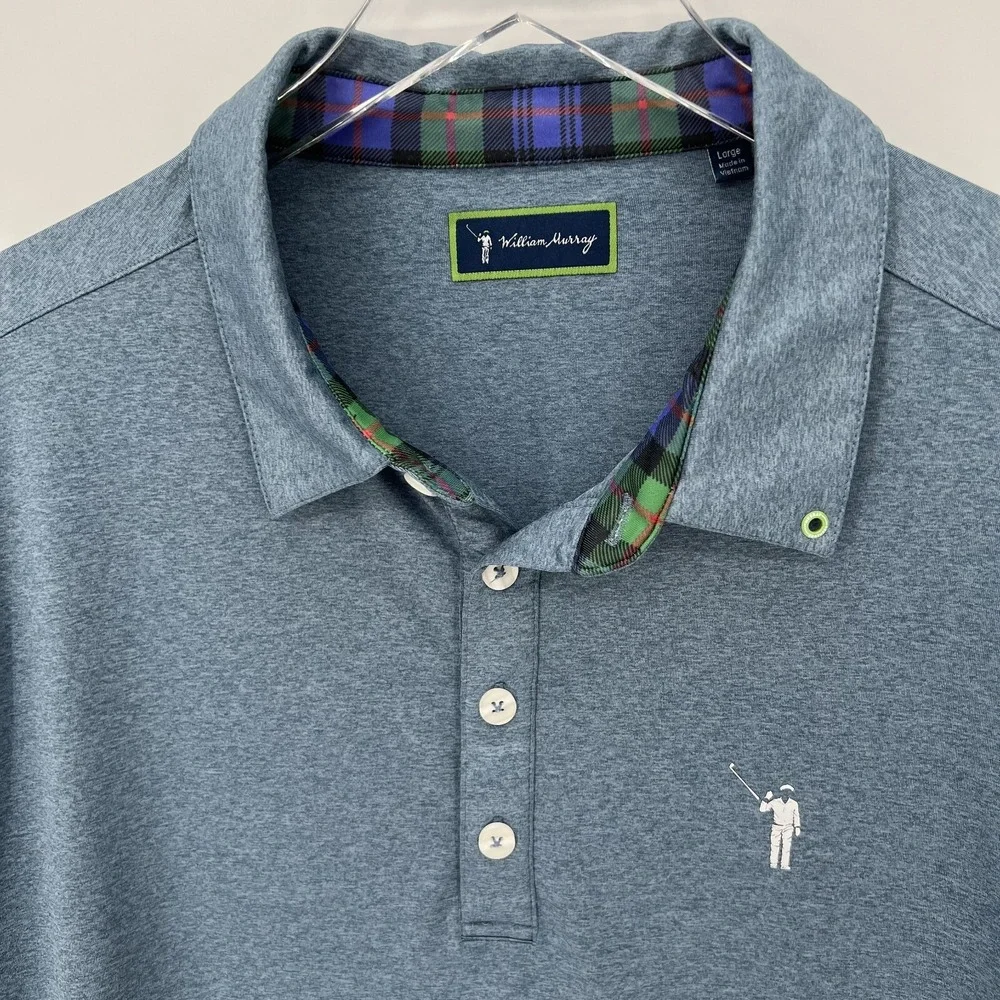 William Murray Golf Polo Mens Large‎ Shirt Performance Stretch Blue Plaid Trim